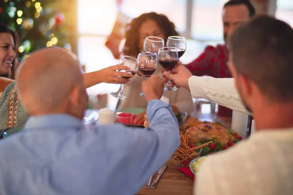 Beautiful Family Smiling Happy Confident Eating Roasted Turkey Toasting Cup — Stock Photo, Image