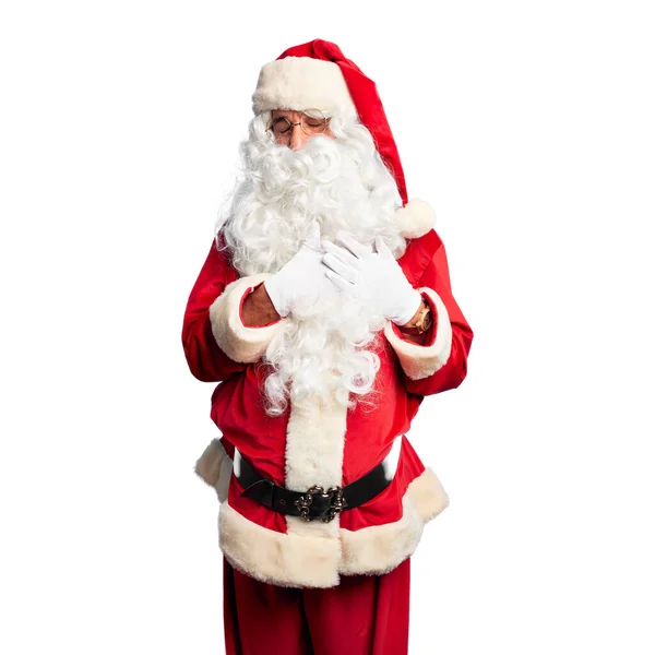 Orta Yaşlı Yakışıklı Adam Noel Baba Kostümü Sakal Takmış Elleri — Stok fotoğraf
