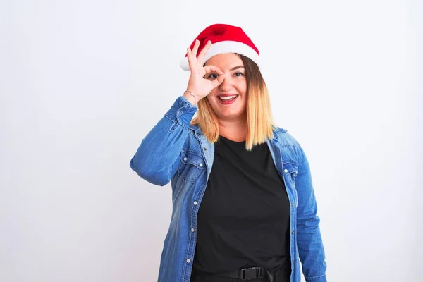 Joven Hermosa Mujer Con Sombrero Navidad Santa Pie Sobre Fondo —  Fotos de Stock