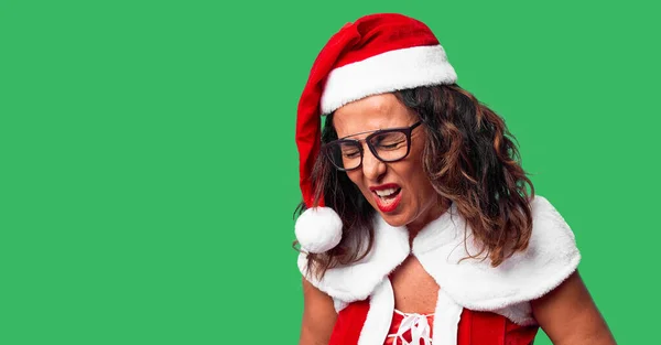 Mulher Meia Idade Vestindo Traje Papai Noel Com Mão Estômago — Fotografia de Stock