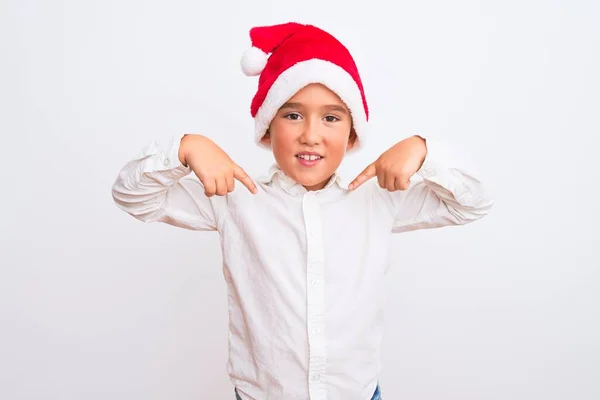 Beautiful Kid Boy Wearing Christmas Santa Hat Standing Isolated White — Stock Photo, Image