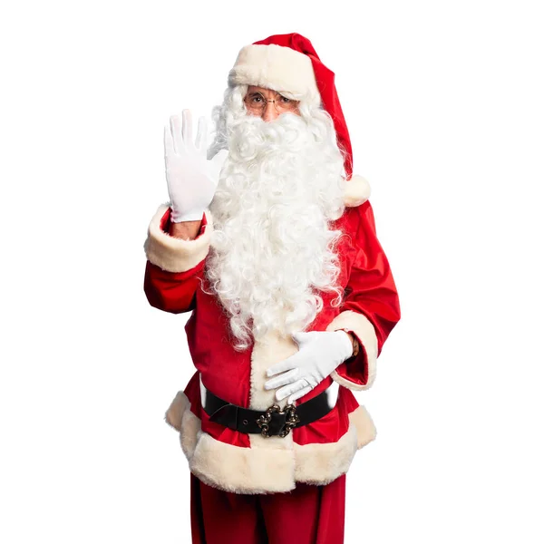 Middelbare Leeftijd Knappe Man Santa Claus Kostuum Baard Staan Waiving — Stockfoto