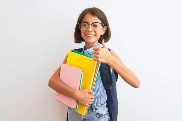 Hermosa Niña Estudiante Con Gafas Mochila Libros Sobre Fondo Blanco —  Fotos de Stock