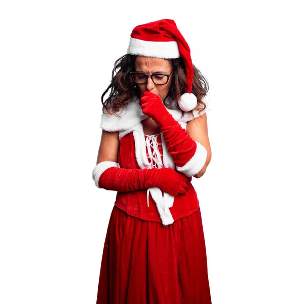 Женщина Средних Лет Костюме Санта Клауса Чувствует Себя Нездоровым Кашляет — стоковое фото