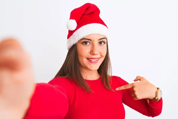 Chica Con Sombrero Navidad Santa Hacer Selfie Por Cámara Sobre —  Fotos de Stock