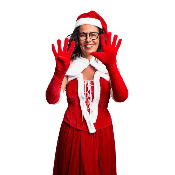 Mujer Mediana Edad Con Traje Santa Claus Mostrando Señalando Hacia — Foto de Stock