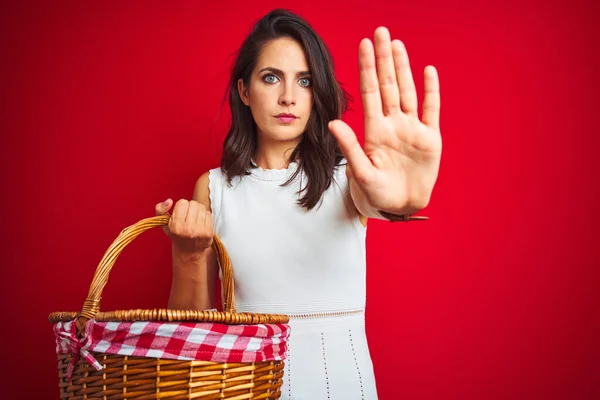 Joven Hermosa Mujer Picnic Celebración Cesta Mimbre Sobre Fondo Rojo —  Fotos de Stock