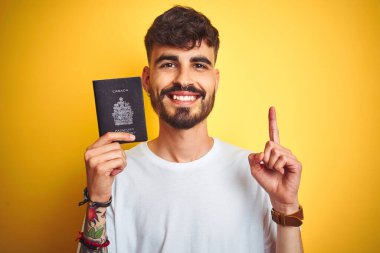 Kanada pasaportlu genç adam izole edilmiş sarı arka planda bir fikir ya da soru işareti ile şaşırdı.