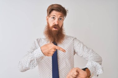 Genç kızıl saçlı İrlandalı işadamı, izole edilmiş beyaz arka planda dikiliyor. Aceleyle zamanı, sabırsızlığı, son teslim tarihini geciktirdiği için kızgın ve kızgın olduğunu gösteriyor.