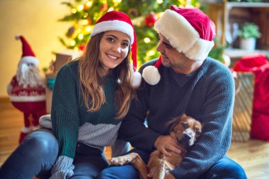 Mutlu ve kendinden emin gülümseyen genç bir çift. Yerde oturmuş Noel Baba şapkası takıyor Noel ağacının etrafında köpeğe sarılıyor.