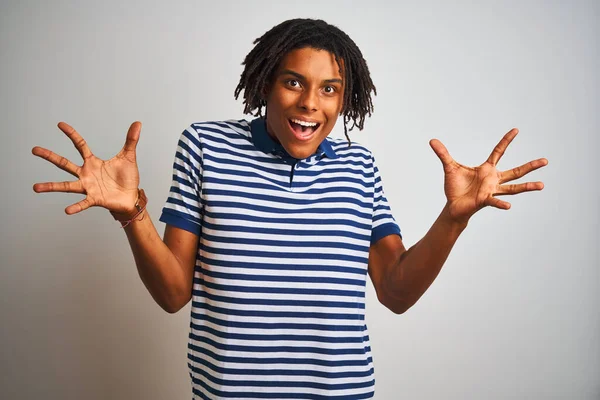 Afro Man Dreadlocks Wearing Striped Blue Polo Standing Isolated White — Stock Photo, Image