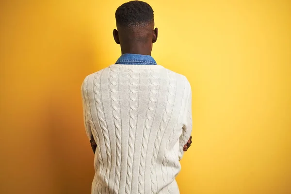 African American Man Wearing Denim Shirt White Sweater Isolated Yellow — ストック写真
