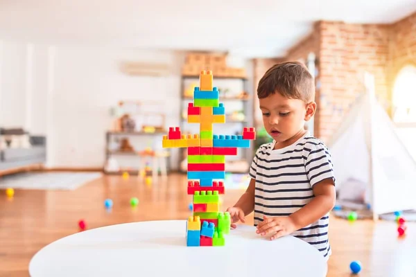 Beautiful Toddler Boy Playing Construction Blocks Kindergarten — Stock Photo, Image