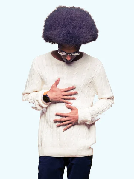 Young African American Man Afro Hair Wearing Glasses Hand Stomach — Stock Photo, Image