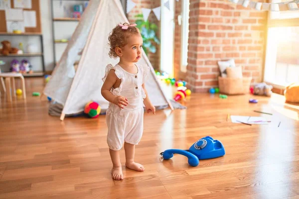 Beautiful Caucasian Infant Playing Toys Colorful Playroom Happy Playful Calling — Stock Photo, Image
