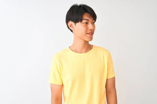 Chinese Man Wearing Yellow Casual Shirt Standing Isolated White Background — ストック写真