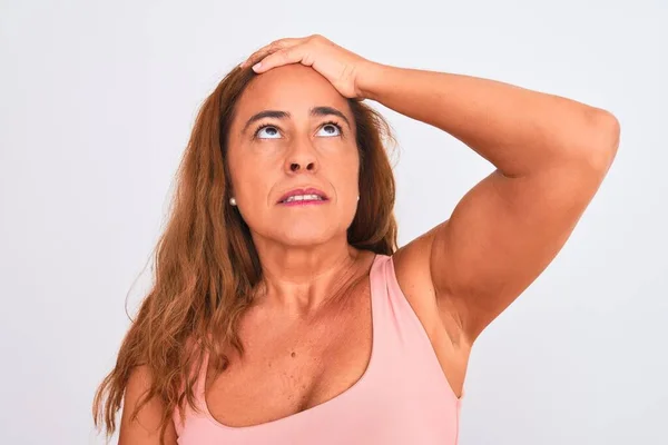 Mulher Madura Meia Idade Sobre Fundo Isolado Branco Estressado Com — Fotografia de Stock