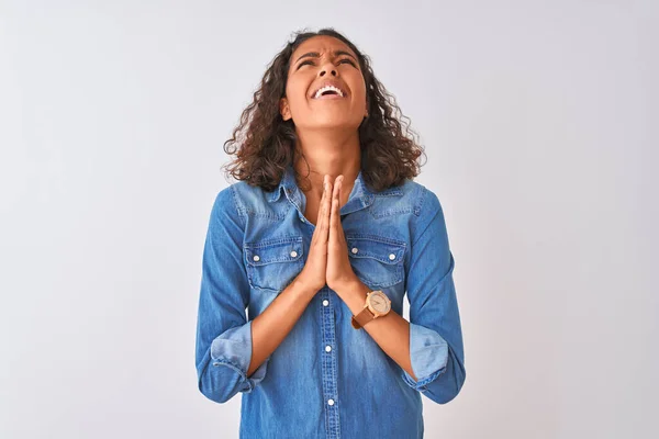 Young Brazilian Woman Wearing Denim Shirt Standing Isolated White Background — Stock fotografie