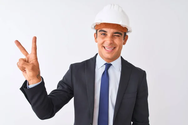 Young Handsome Architect Man Wearing Suit Helmet Isolated White Background — ストック写真