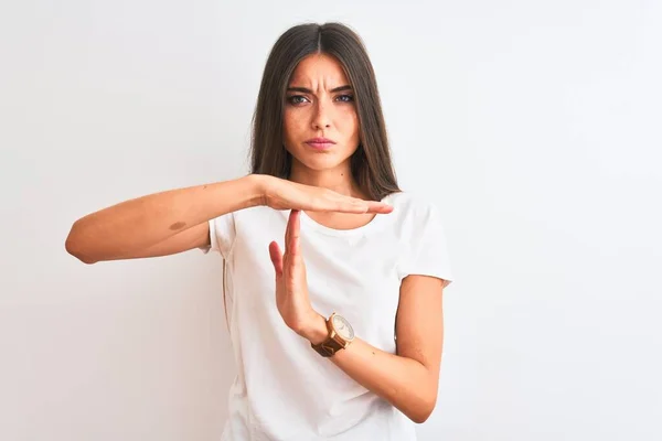 Jovem Mulher Bonita Vestindo Shirt Casual Sobre Fundo Branco Isolado — Fotografia de Stock