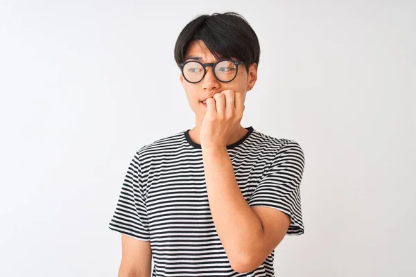Chinese Man Wearing Glasses Navy Striped Shirt Standing Isolated White — ストック写真