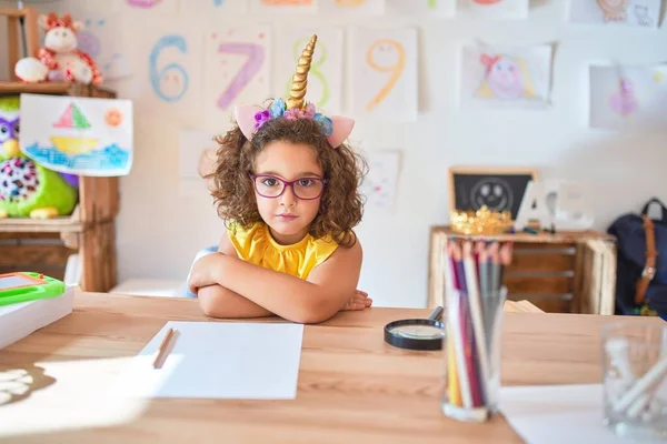 Beautiful Toddler Wearing Glasses Unicorn Diadem Sitting Desk Kindergarten Skeptic — Stock Photo, Image