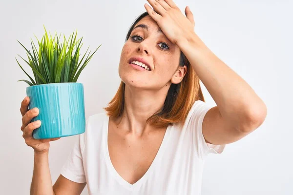 Bella Donna Rossa Che Tiene Pot Pianta Sfondo Isolato Stressato — Foto Stock