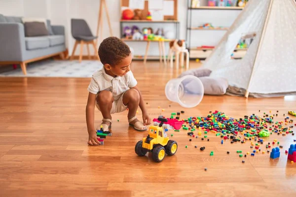 Beautiful African American Toddler Playing Small Building Blocks Smiling Kindergarten — Stock Photo, Image