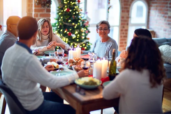 Family Friends Dining Home Celebrating Christmas Eve Traditional Food Decoration — Stock Photo, Image