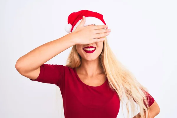 Joven Hermosa Mujer Con Sombrero Navidad Santa Sobre Fondo Blanco — Foto de Stock