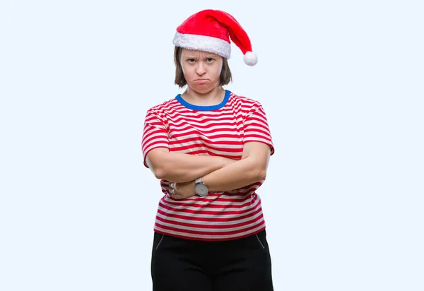Молодая Взрослая Женщина Синдромом Дауна Носит Рождественскую Шляпу Изолированном Фоне — стоковое фото