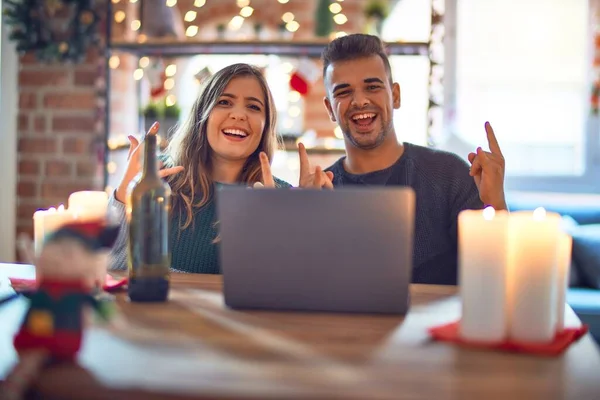 Young Beautiful Couple Sitting Using Laptop Christmas Decoration Home Shouting — Stock Photo, Image