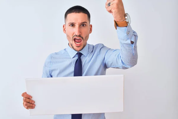 Young Business Man Holding Blank Banner Isolated Background Annoyed Frustrated — ストック写真