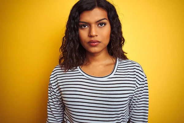 Transsexual Transgender Woman Wearing Striped Shirt Isolated Yellow Background Confident — Stockfoto