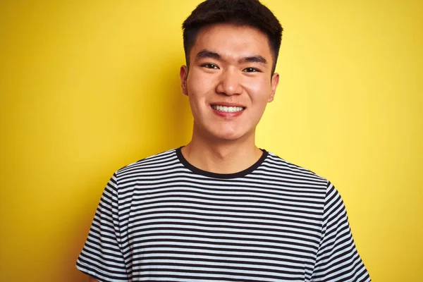 Young Asian Chinese Man Wearing Striped Shirt Standing Isolated Yellow — ストック写真