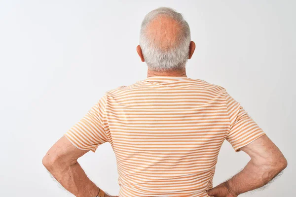 Hombre Mayor Pelo Gris Con Camiseta Rayas Pie Sobre Fondo — Foto de Stock