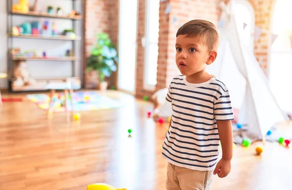 Beautiful Toddler Boy Standing Kindergarten Lots Toys — Stock Photo, Image