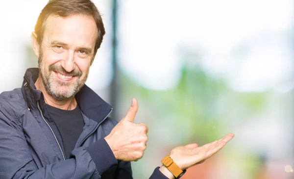 Middle Age Handsome Man Wearing Jacket Showing Palm Hand Doing — Stock Photo, Image