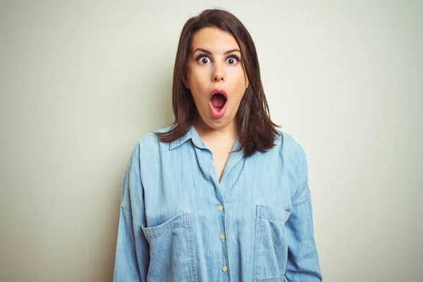 Young Beautiful Brunette Woman Wearing Casual Blue Denim Shirt Isolated — Stock Photo, Image