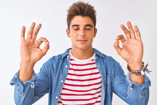 Young Handsome Man Wearing Striped Shirt Denim Shirt Isolated White — Stock Photo, Image