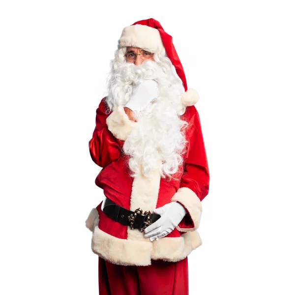 Красунчик Середнього Віку Одягнений Костюм Санта Клауса Бороду Впевнено Дивиться — стокове фото