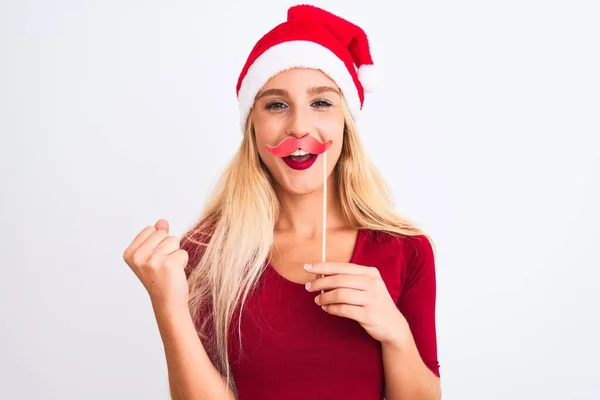 Mulher Vestindo Chapéu Natal Santa Segurando Bigode Fanny Sobre Fundo — Fotografia de Stock