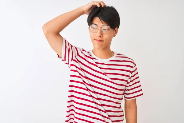 Young Chinese Man Wearing Glasses Striped Shirt Standing Isolated White — Stock Photo, Image