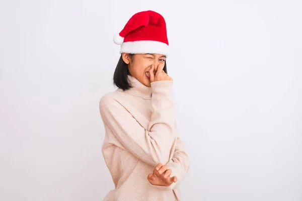 Giovane Bella Donna Cinese Che Indossa Cappello Babbo Natale Sfondo — Foto Stock