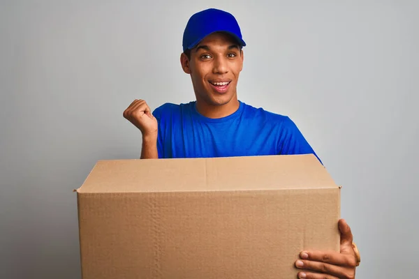 Young Handsome Arab Delivery Man Holding Box Standing Isolated White — Stock Photo, Image