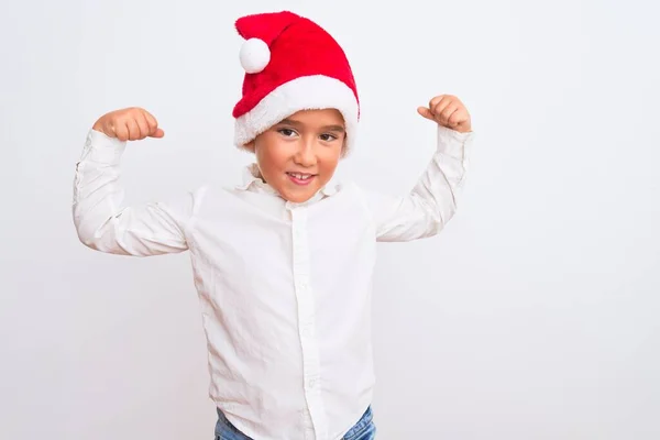 Beautiful Kid Boy Wearing Christmas Santa Hat Standing Isolated White — Stock Photo, Image