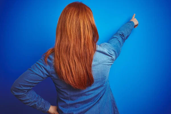 Young Beautiful Redhead Woman Wearing Denim Shirt Standing Blue Isolated — Stock Photo, Image