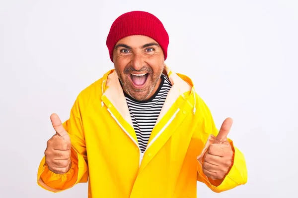 Middle Age Man Wearing Rain Coat Woolen Hat Standing Isolated — Stock Photo, Image