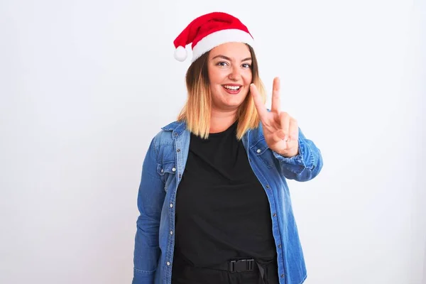 Mujer Hermosa Joven Con Sombrero Navidad Santa Pie Sobre Fondo —  Fotos de Stock