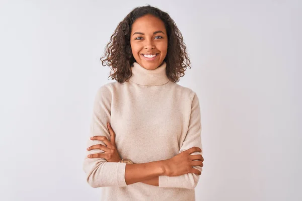 Jonge Braziliaanse Vrouw Coltrui Die Een Geïsoleerde Witte Achtergrond Staat — Stockfoto